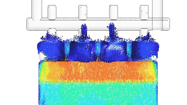 Velocity vectors of the melt during a filling simulation